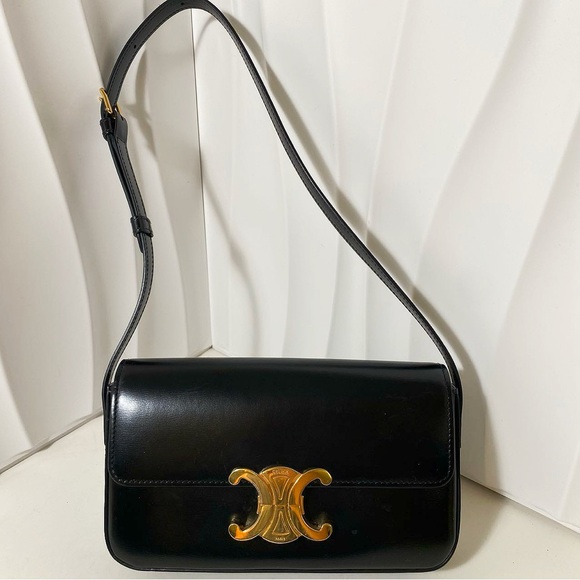 Celine Handbags - CELINE Triomphe Black Leather Shoulder Bag